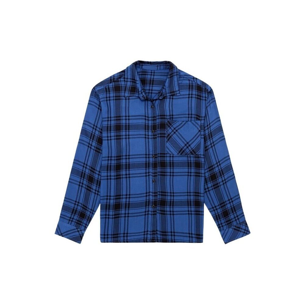 Plaid Blue Boyfriend Shirt Flannel Oversized Fit Long Sleeve Button-Down Pockets - Picture 3 of 4
